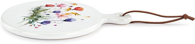 DEMDACO Dean Crouser Collection Watercolor Wildflower Floral Round Mini 5 x 6.5 Stoneware, Suede, Wood Cutting Cheese Serving Board with Knife