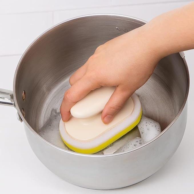 Sponge Cleaning Countertop Brush with Handle, Multifunctional Kitchen and Bathroom Cleaning Brush, Scouring Pad, Non-Scratch Scrubbing Pad,Dishwashing (White)