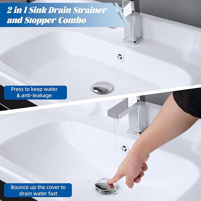 Hibbent All Metal 2 in 1 Bathroom Sink Stopper, Universal Pop Up Drain Strainer, Brass Bullet Core Push Type Sink Stopper for 1.1''~2.3'' Basin, Big Push Button, Anti Clogging Drain Filter, Chrome