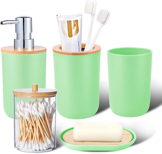 iMucci Bathroom Accessories Set 5Piece Green Bathroom Sets, Toothbrush Holder, Toothbrush Cup, Soap Dispenser, Soap Dish and Qtip Holder Bathroom Decor