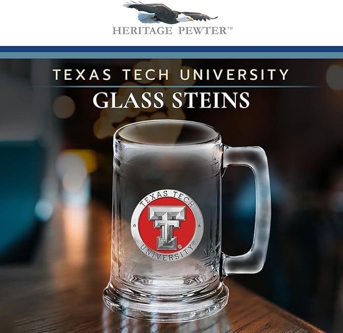 Heritage Pewter Texas Tech Beer Stein Glass | 15 Ounce German-Style Beer Glass | Intricately Crafted Metal Pewter Alma Mater Inlay