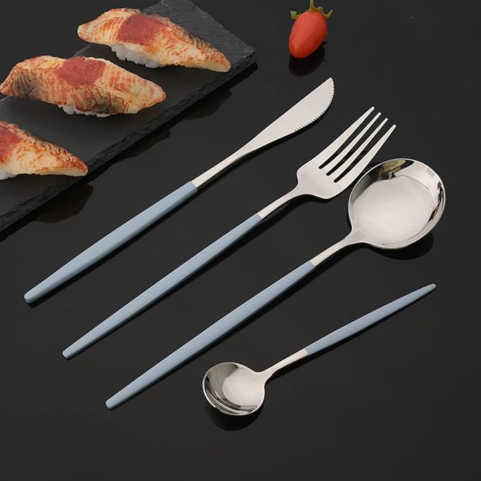 JASHII Flatware Set 24 Piece, Stainless Steel Silverware Set, Macaron Small Fresh Color Cutlery Set, Modern Elegant Tableware Set for Party, Christmas, Dinner (Haze Blue Silver)