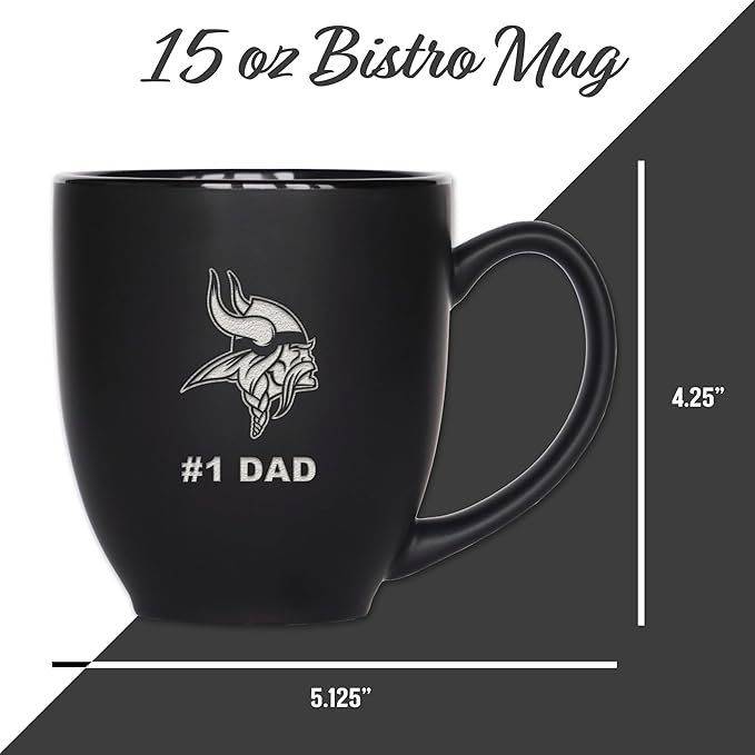Rico Industries NFL Football #1 Dad 15oz Laser Engraved Matte Black Ceramic Bistro Mug - for Hot or Cold Drinks