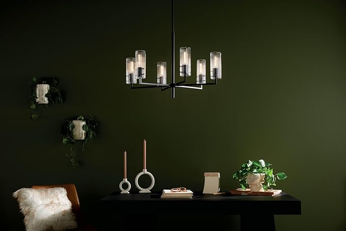 KICHLER Velestino 30.25" 6 Light Chandelier in Black, for Foyer, Dining Room, Living Room, Bedroom, (21.25" x 30.25") 52679BK