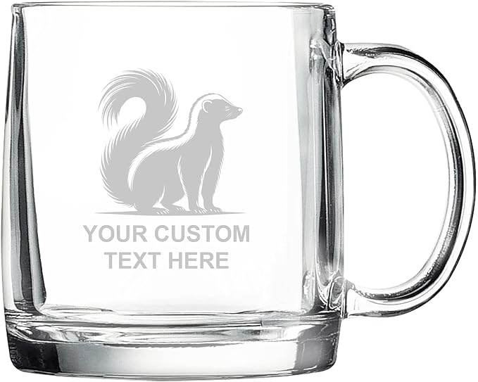 Skunk, Personalized 12.5 oz Polar Camel Glass Coffee Desk Mug – Custom Laser Engraved Clear Cup for Tea, Espresso, Latte, Whiskey - Microwave Safe/Made in USA