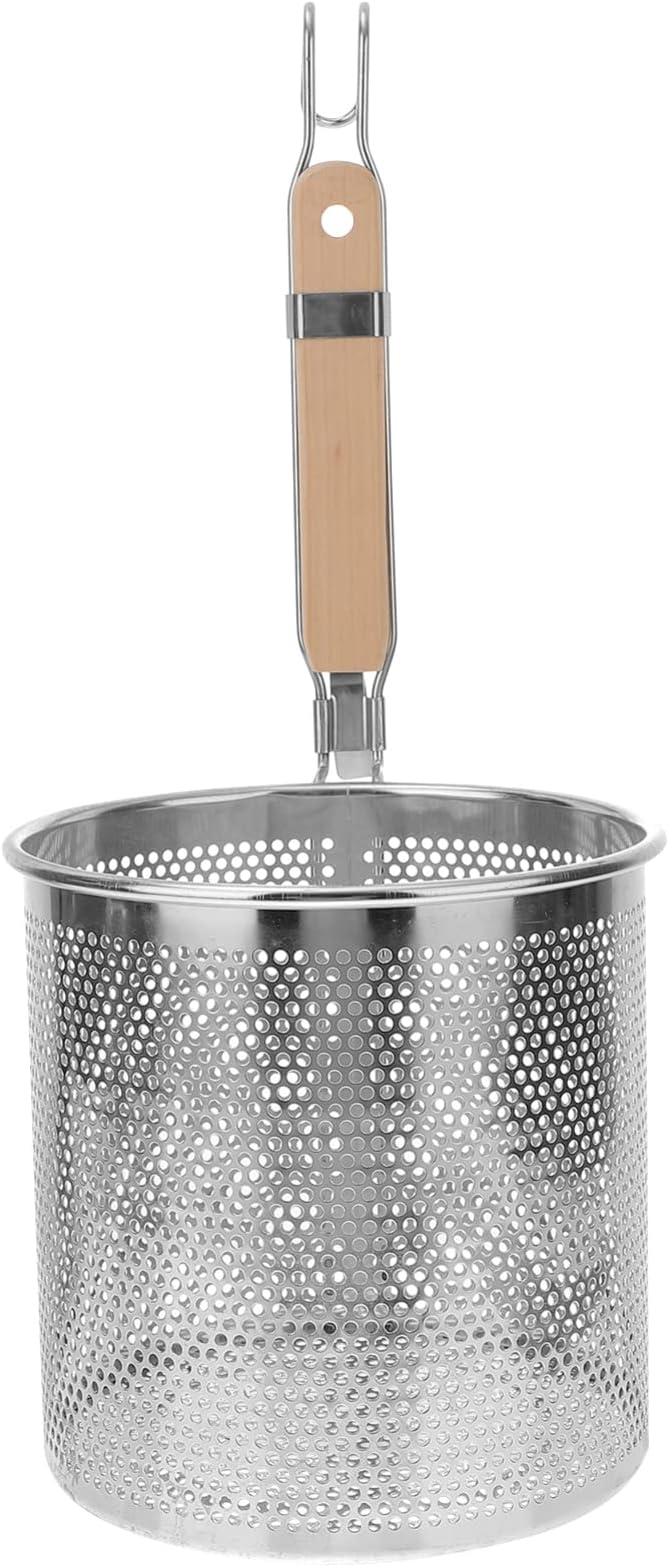 Angoily Mesh Pasta Basket Food Strainer Hot Pot Colander with Round Wooden Handle Stainless Steel Mesh Spider Strainer for Pasta Noodles Dumpling Vegetable