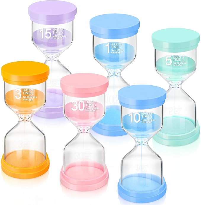 Sand Timer, 6 Colors Hourglass Sand Timers 1/3/5/10/15/30 Minutes Colorful Sandglass Timer Sand Clock Timer for Classroom Games Home Office Decor Cooking with Protective Cover, 6 Pack
