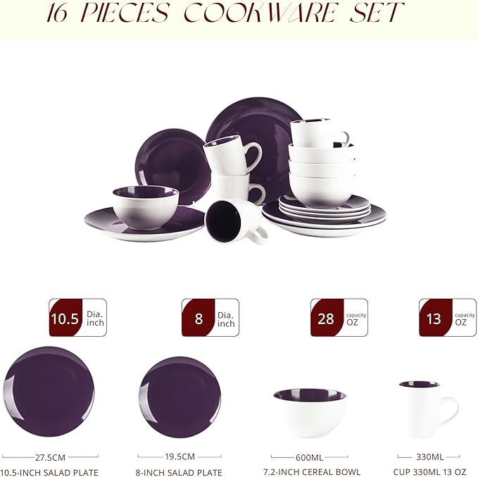 Stoneware Coupe Shape 16pc Dinnerware Set, Outside White + Inside Violet