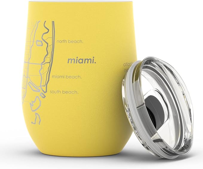 Well Told Engraved Miami Florida Map Insulated Wine Tumbler, Etched Stainless Steel Cup (12 oz, Sunrise Yellow) City Map Insulated Tumbler, Custom Insulated Tumbler, Outdoor Drinkware