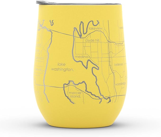 Well Told Engraved Seattle Washington Map Insulated Wine Tumbler, Etched Stainless Steel Cup (12 oz, Sunrise Yellow) City Map Insulated Tumbler, Custom Insulated Tumbler, Outdoor Drinkware