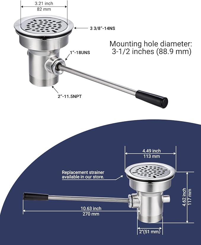 3-1/2" Commercial Sink Drain with Straight Lever Handle, Waste Drain Valve Without Overflow Inlet for Restaurant 2/3 Compartment Sink, Easy Controll, Block-Free and Leakproof