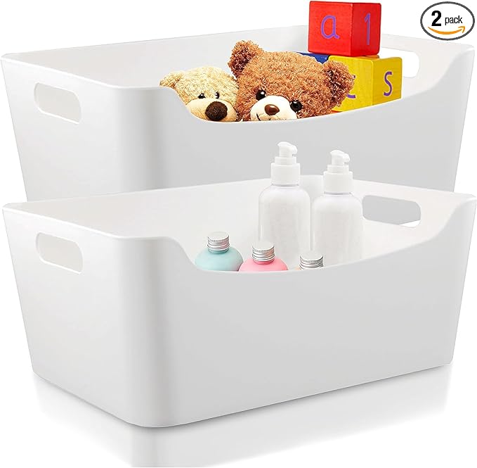 large- 2 pack White Plastic Storage Bins for Shelves, Closet Kitchen Storage Containers for Pantry Bathroom Office Organization Baskets, Cabinet Organizing Containers, White Organizer Bins for Shelves