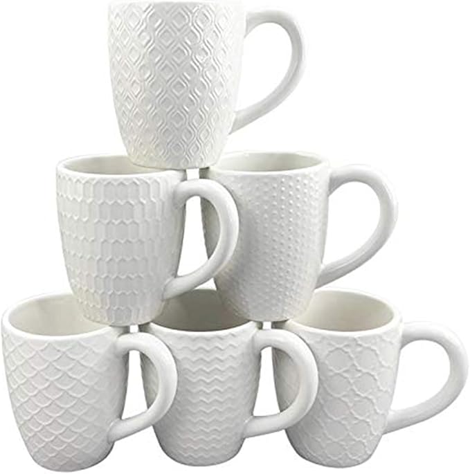 Schliersee 16 OZ Coffee Mugs Set of 6, White Ceramic Coffee Mug, Geometric Pattern Coffee Cups for Latte, Tea, Cappuccino, Mocha, Cocoa, Espresso cups
