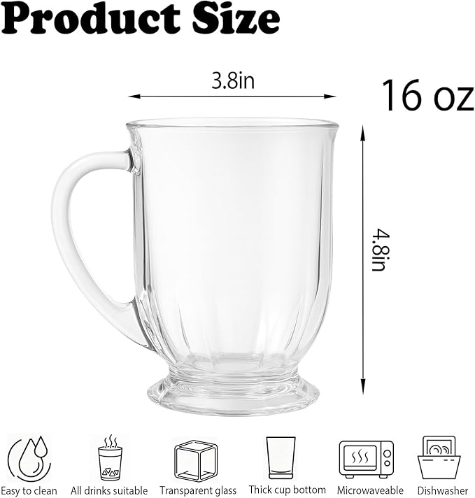 Set of 4 Clear Glass Coffee Mugs with Spoon,16 OZ Large Clear Glass Beer Cups with Handle for Hot Beverages,Tea, Cappuccino, Latte, Espresso, Juice MothersLarge