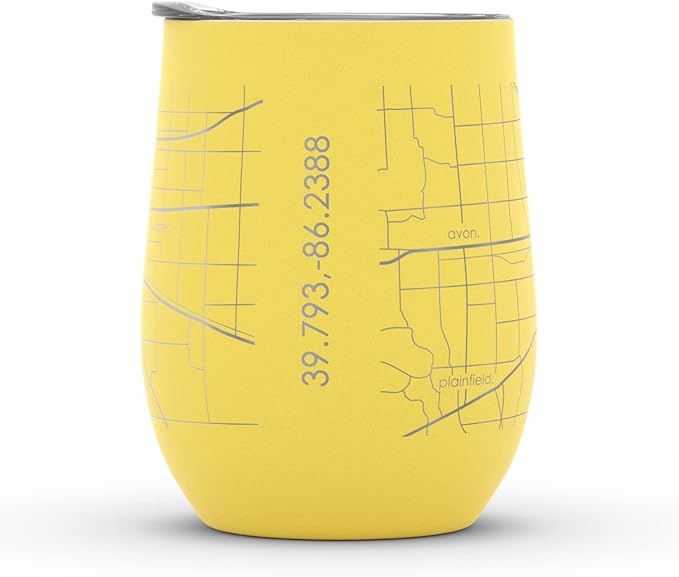 Well Told Engraved Indianapolis Indiana Map Insulated Wine Tumbler, Etched Stainless Steel Cup (12 oz, Sunrise Yellow) City Map Insulated Tumbler, Custom Insulated Tumbler, Outdoor Drinkware