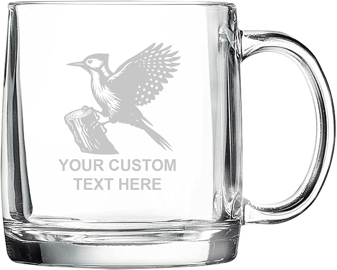 Woodpecker, Personalized 12.5 oz Polar Camel Glass Coffee Desk Mug – Custom Laser Engraved Clear Cup for Tea, Espresso, Latte, Whiskey - Microwave Safe/Made in USA
