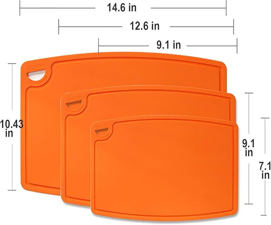 Liflicon Silicone Thick Cutting Boards Mats Set of 3pcs Foldable & Flexible Design Juice Grooves Easy Grip Handle Dishwasher Safe for Kitchen,BPA free Chif-Orange