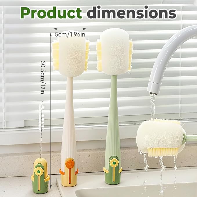 5 in 1 Bottle Cleaning Brush Set, 2025 Multifunctional Lid Brush Cleaning Tool Kitchen, Portable Long Handle Bottles Scrubber for Cup Lids, Hard Bristle Sponge Head Bottle Brushes (Green)