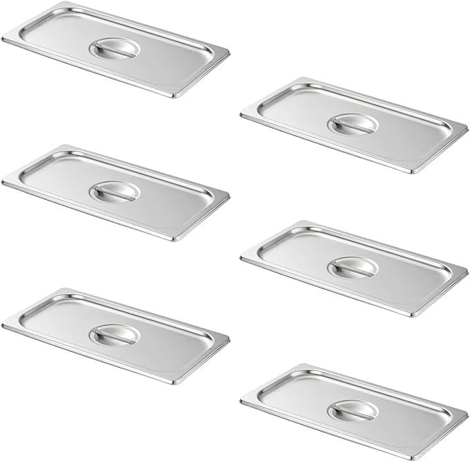 HECMAC 6-Pack 1/3 Size Hotel Pan Cover, Stainless Steel Solid Steam Table Catering Food Pan Lid with Handle