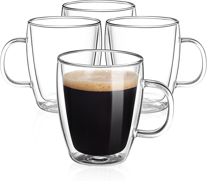 YUNCANG Double Wall Glass Coffee Mugs (4-Pack) - 12 Ounces Clear Glass Coffee Cups with Handle, Insulated, Heat Resistant