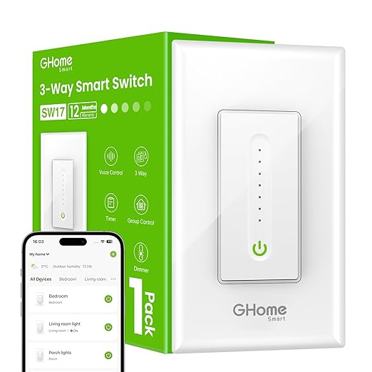 GHome Smart 3 Way Dimmer Smart Switch Can Work Separately Or Work with Traditional 3-Way Switch, Compatible with Alexa, Google Assistant, Neutral Wire Required, 2.4GHz WiFi Only, FCC Certified, 1 Pack