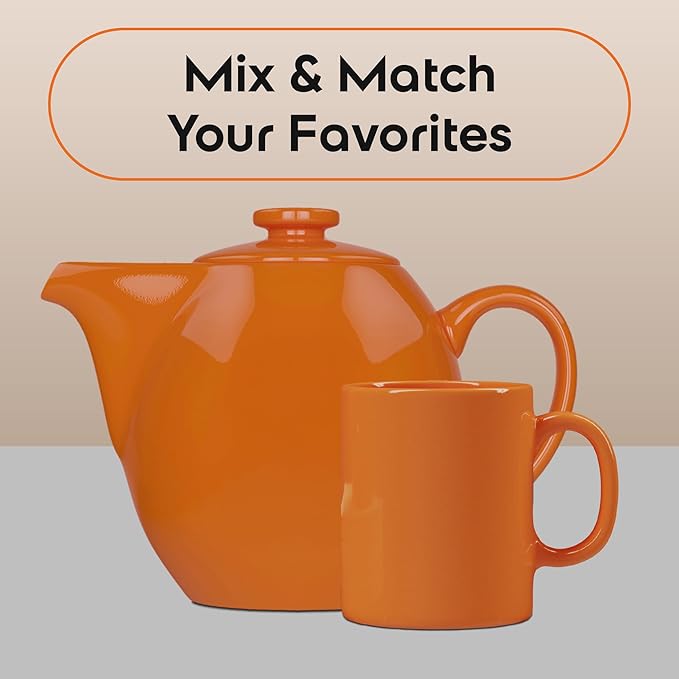 OmniWare 24 Oz Stoneware Teapot with Stainless Steel Mesh Infuser (Orange) - Microwave & Dishwasher Safe, Removable Infuser, Retro-Style Kitchenware Ideal for Loose Tea Brewing