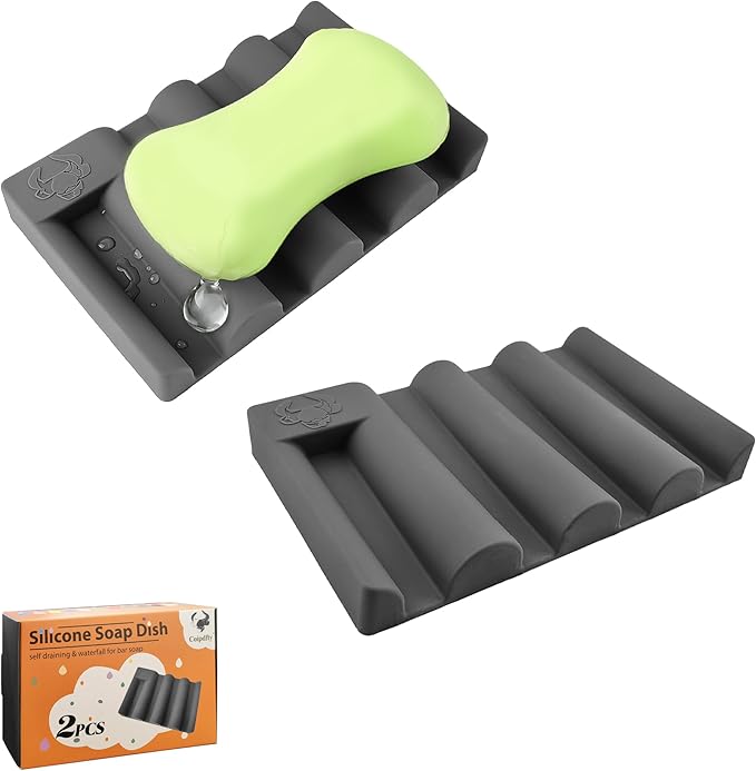 Silicone Soap Dish, Self Draining Soap Holder Perfect for Shower, Bathroom Sink, Kitchen Sink & Travel, Non-Slip Bar Soap Holder Extend Soap Life, Keep Soap Bars Dry Clean & Easy Cleaning (Grey-2PCS)