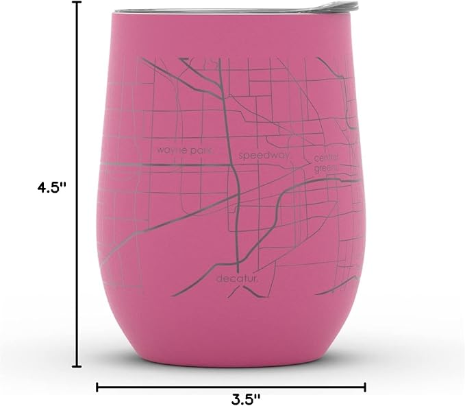 Well Told Engraved Indianapolis Indiana Map Insulated Wine Tumbler, Etched Stainless Steel Cup (12 oz, Sunset Pink) City Map Insulated Tumbler, Custom Insulated Tumbler, Outdoor Drinkware