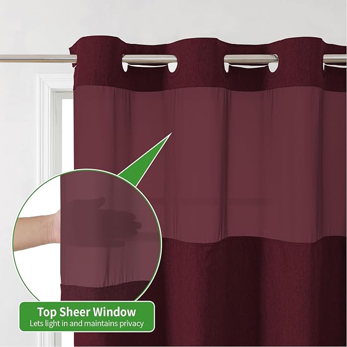 Long No Hooks Needed Linen Textured Shower Curtain with Snap-in Fabric Liner Set,Hotel Luxury Decor Shower Curtains for Bathroom,Waterproof & Washable,71Wx80H,Burgundy