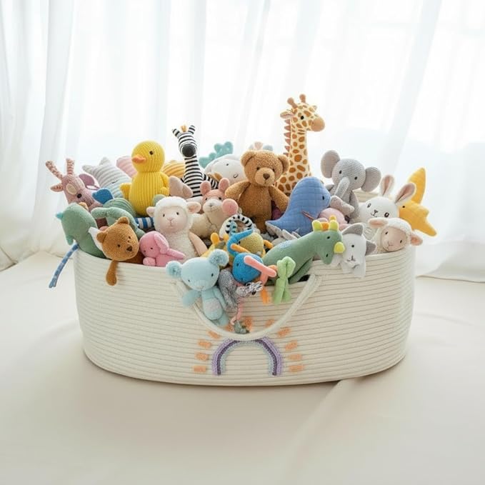 Breathable Foldable Baby Bassinet Basket, Cotton Rope Storage Organizer with Handles for Newborn Nap, Nursery, Living Room, Pet Carrier 28 × 16in