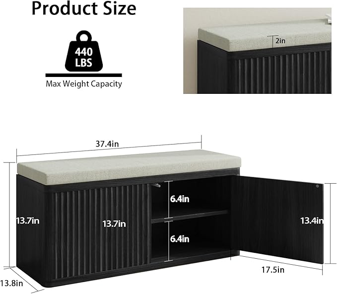 Entryway Shoe Storage Bench with 2" Cushion, 37.4" Small Bench with Shoe Rack, Cabinet Organizer for Hallway，Bedroom End of Bed, Black