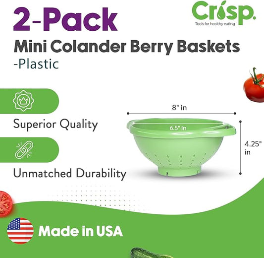 Crisp 2-Piece Mini Colander Berry Baskets With Handles - Food Strainers For Kitchen - Small Colander For Berries, Strawberry & Grape - Dishwasher Safe Berry Strainer - Made in the USA - Bright Green