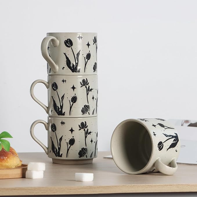 Stackable Coffee Mugs Set of 4, Aesthetic Cute 10 OZ Small Ceramic Espresso Cups Vintage Stoneware Tea Cup for Cappuccino Latte, Flower