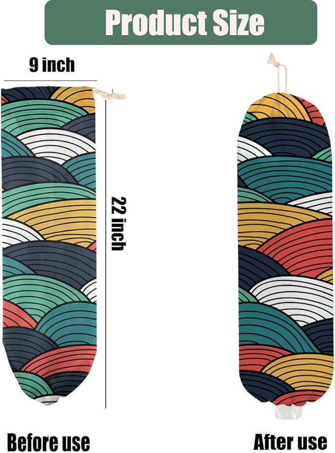 2 Pcs Geometric Waves Plastic Bag Holder, Colorful Wall Mount grocery bag holder for plastic bags, Washable Grocery Bags Storage Dispenser for Home Kitchen Pantry Decor, Abstract Art Gifts for Women