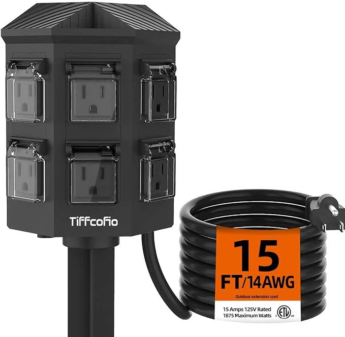 TiFFCOFiO Outdoor Power Strip Weatherproof, 15 FT Extension Cord with Stake, 6 Grounded Outlets for Christmas Yard Decorations and Inflatables, 15A/1875W, ETL Listed
