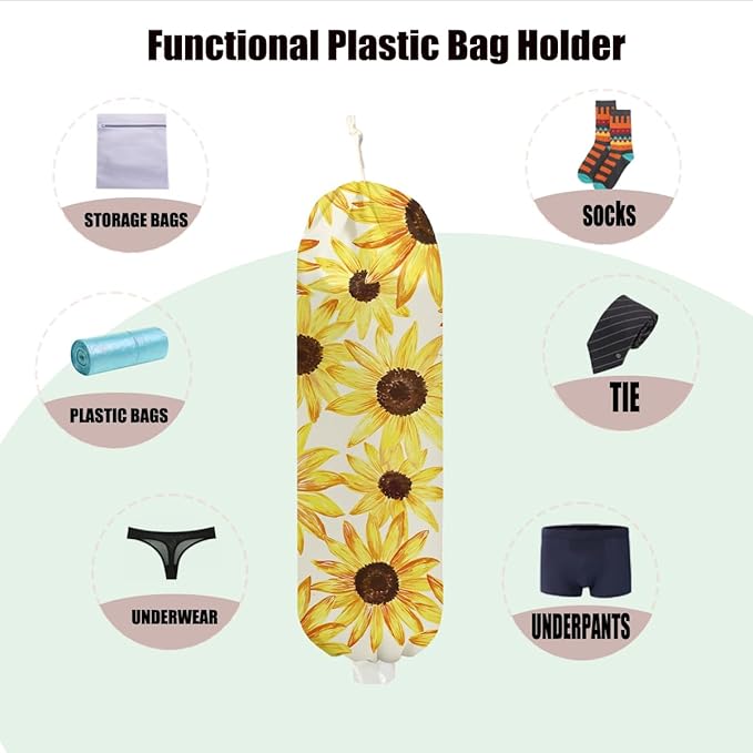 Sunflower Plastic Bag Holder 22.5x9 Inch, Wall Mount Plastic Bag Holders for Grocery Bags, Floral Reusable Grocery Bags Storage Dispenser for Home Kitchen Pantry Decor, Sunflower Gifts for Women Mom
