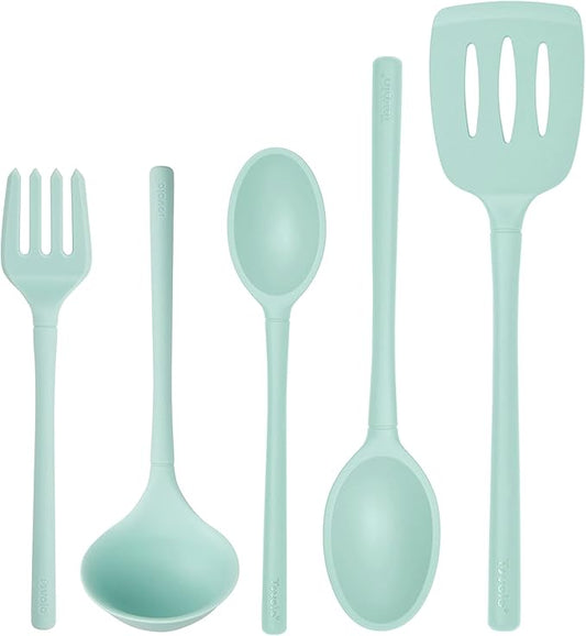 Tovolo Flex Core Silicone Cooking Utensils Set of 5 Slotted Turner Spatula Spoons Fork Ladle Non Stick Dishwasher Safe Heat Resistant Kitchen Tools for Cooking Baking Serving Prep Aqua Seafoam Green