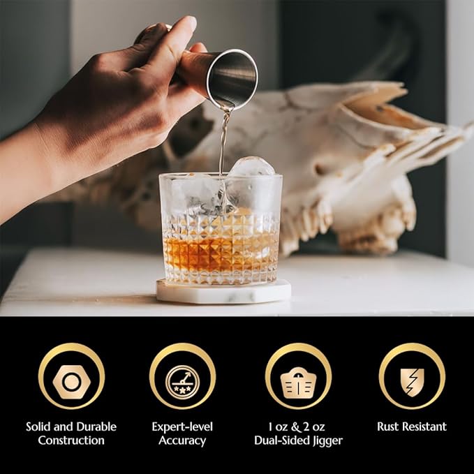 Double Japanese Jigger by Bull In China - 0.25oz to 2oz Measures for Cocktails, Bars & Bartenders (Antique Brass)