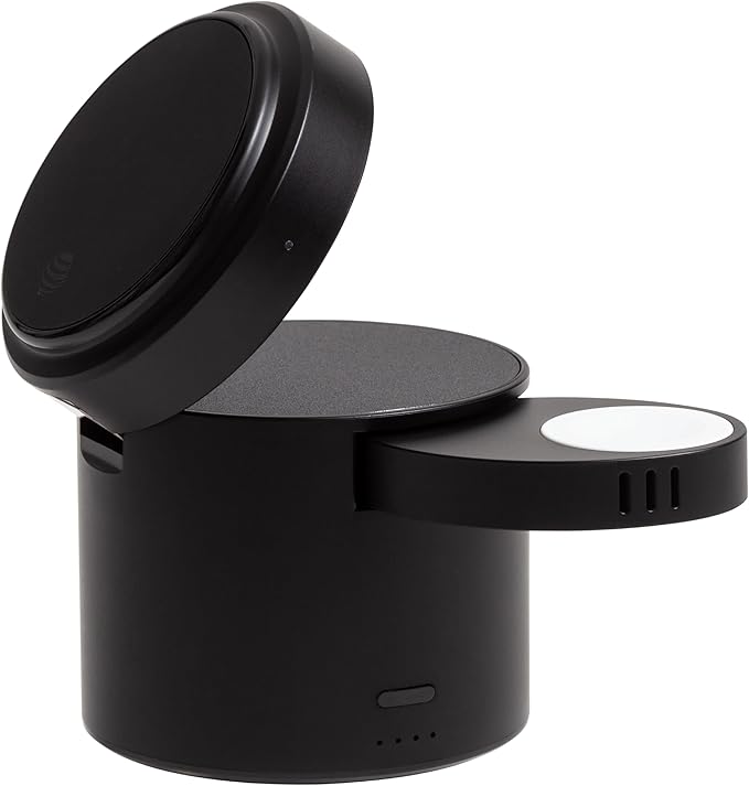 AT&T Essential 3-in-1 Portable Power Drum Qi2 Wireless Charger and Powerbank Compatible with iPhone 15 14 13 12 Series Magnetic Fast Charging Stand with Watch Charger USB-C Out Travel Hub Black