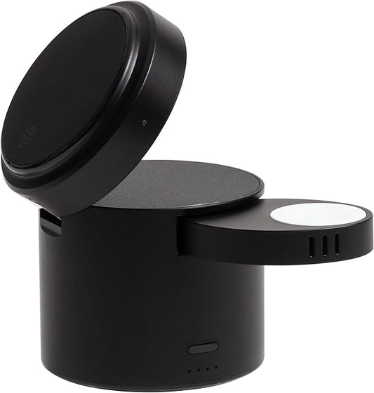 AT&T Essential 3-in-1 Portable Power Drum Qi2 Wireless Charger and Powerbank Compatible with iPhone 15 14 13 12 Series Magnetic Fast Charging Stand with Watch Charger USB-C Out Travel Hub Black