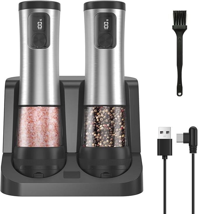 Electric Salt and Pepper Grinder Set,2 Pack Rechargeable Automatic Pepper Mill,with Charging Base,5 Level,Display,LED Lighting,Large Capacity,Kitchen Gift (2, Stainless steel, Charging Base)