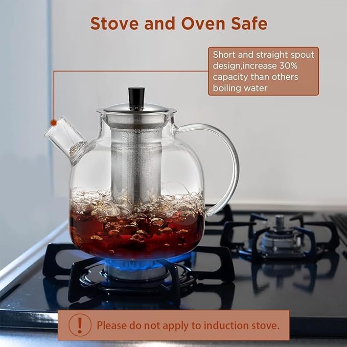 1500ml(50oz) Glass Teapot with Removable Infuser, Ehugos Stovetop Safe Large Tea Pot, Blooming and Loose Leaf Hand Crafted Kettle for Women and Adult with Stainless Infuser