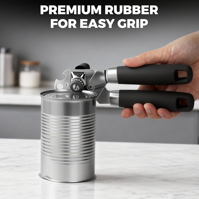 Heavy Duty Smooth Edge Manual Can Opener, Easy Grip Soft Handle with Oversized Turn Knob, Rust-Proof Stainless Steel Kitchen Tool & Bottle Opener, Black