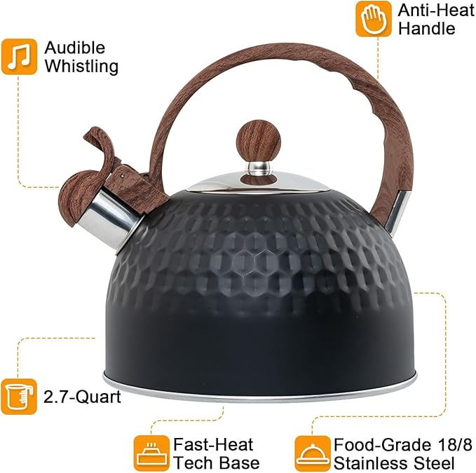 Vilihkc Whistling Stainless Steel Tea Kettle with Wood Grain Anti Heat Handle,2.6 Quart/2.5 Liter Stainless Steel Tea Kettles,Loud Whistling for Tea,Coffee,Gas Electric Applicable