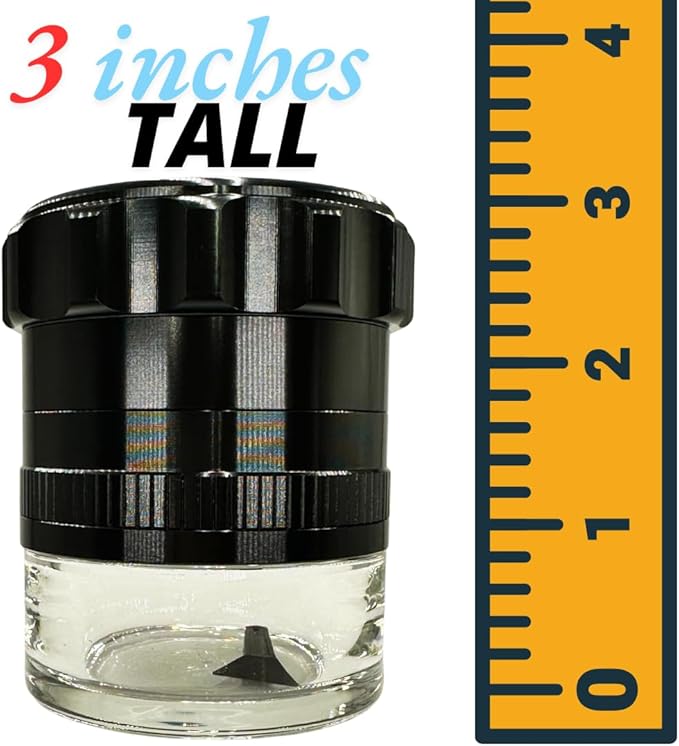 Spice Grinder. 2.5 inch herb grinder with jar attached. Jar offers a larger storage capacity. Anodized Aluminum alloy with glass bottom. (Black, 2.5 Inches x 3 Inches)
