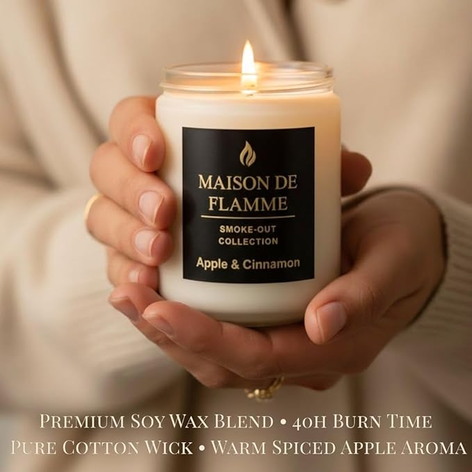 Apple & Cinnamon Odor-Eliminating Scented Candle (White Jar, 200g/7oz) | Long-Lasting Premium Soy Wax Candle for Smoke, Kitchen & Pet Odors