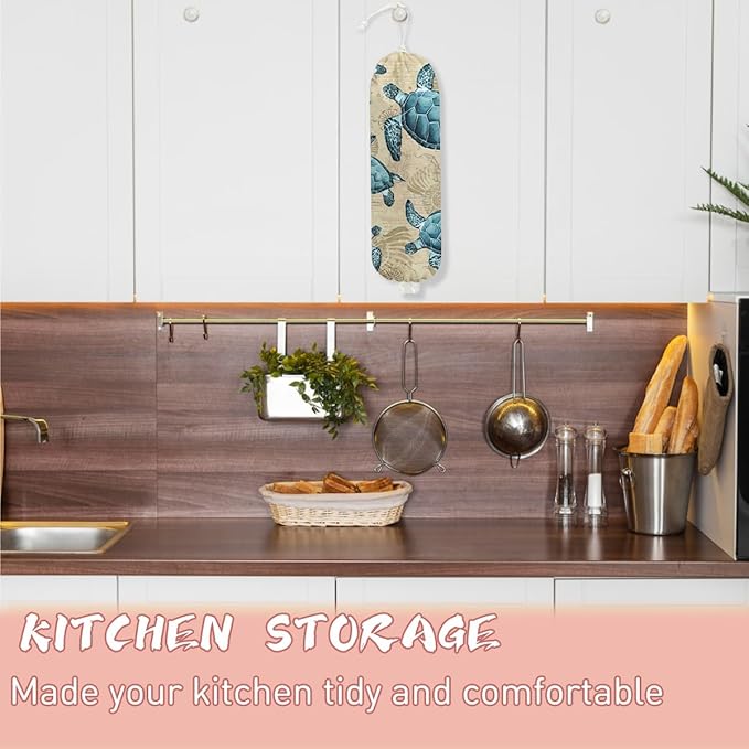 Sea Turtle Plastic Bag Holder, Wall Mount Grocery Bag Holder, Plastic Storage Bag, Sea Shell Storage Organizer Reusable Grocery Bags, Pull Rope Free Adjustment, Turtle Gifts for Women Mom Grandma