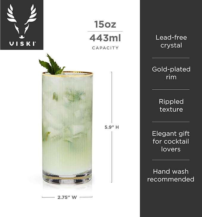 Viski Meridian Highball Glasses Set of 2 - Vintage Drinking Glass, Art Deco Ripple Glassware Design, 15oz Gold Rimmed Collins Glasses Set