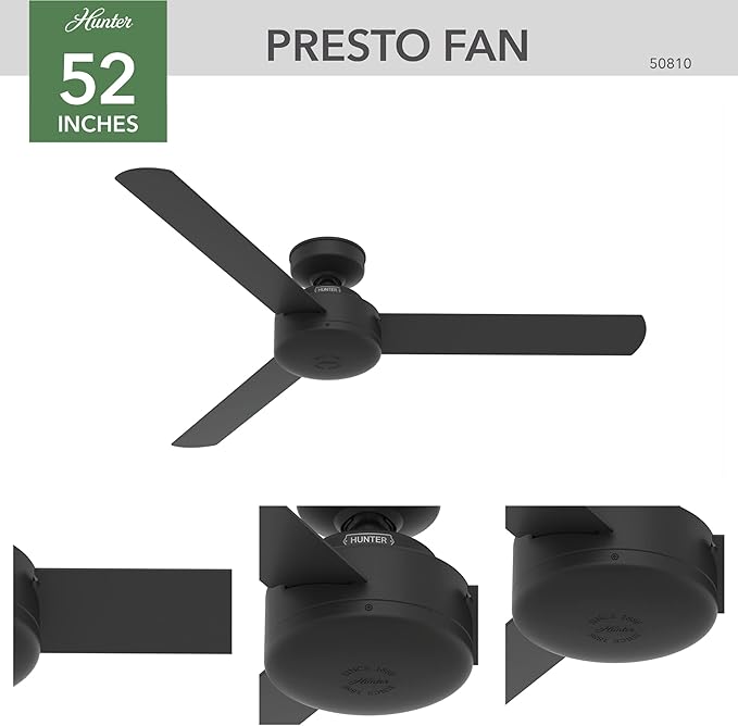 Hunter 52 inch Indoor Ceiling Fan No Light - Black Modern Ceiling Fan without Light, 3 Blades, Standard Mount, For Bedroom, Living Room, or Kitchen, Wall Control - Presto 50810, Matte Black