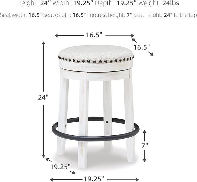 Signature Design by Ashley Valebeck Casual Upholstered Swivel Stool, Round Metal Footrest, Nailhead Trim Detail, Wood, 24", White & Black